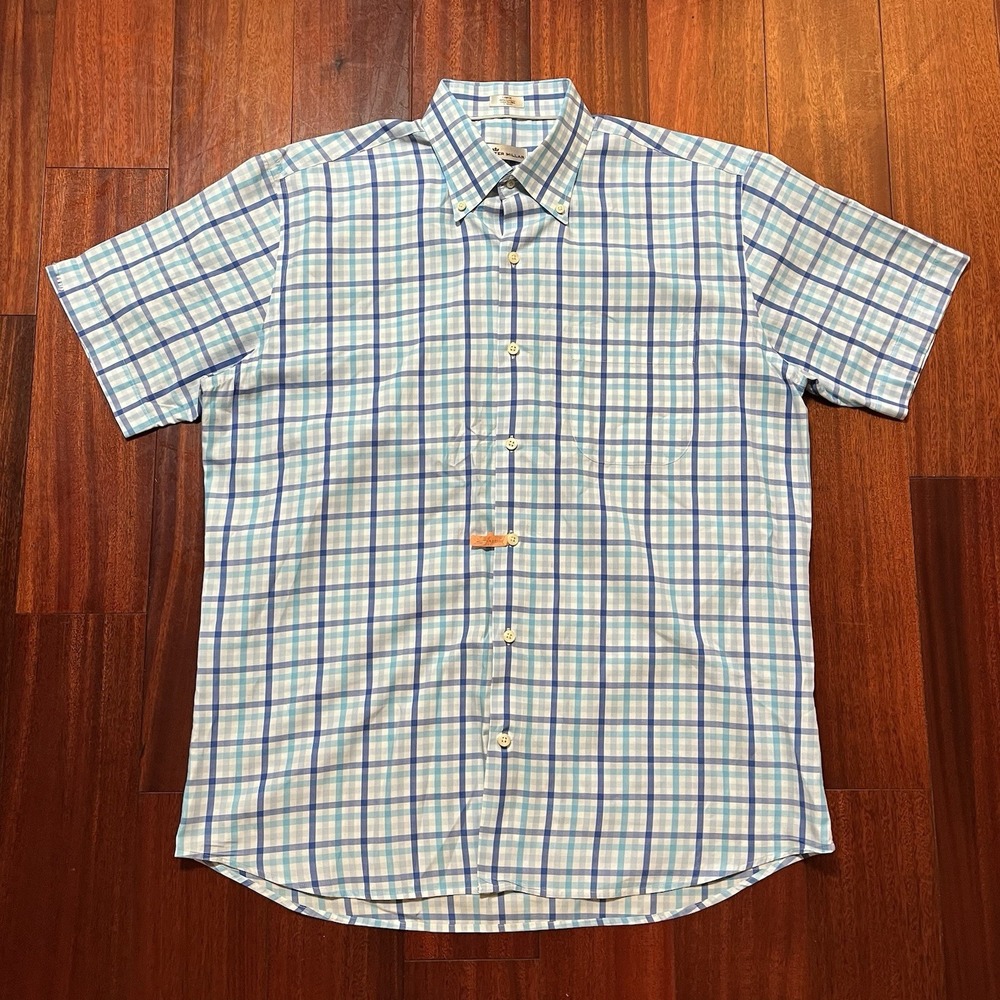Peter Millar Shirt Mens Large Blue Plaid Short Sleeve Button Down Casual Preppy